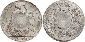 GUATEMALA. Guatemala - Peru. Peso, 1894. Guatemala City Mint. PCGS AU-58; Countermark: Unc Details.

KM-224. Bifacial countermark: 1/2 Real design o...
