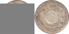 GUATEMALA. Guatemala - Peru. Peso, 1894. Guatemala City Mint. PCGS AU-58; Countermark: AU Details.

KM-224. Bifacial countermark: 1/2 Real design on...