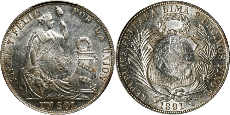 GUATEMALA. Guatemala - Peru. Peso, 1894. Guatemala City Mint. PCGS AU-58; Counte...