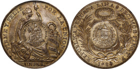 GUATEMALA. Guatemala - Peru. Peso, 1894. Guatemala City Mint. PCGS AU-55; Countermark: AU Details.

KM-224. Bifacial countermark: 1/2 Real design on...