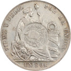 GUATEMALA. Guatemala - Peru. Peso, 1894. Guatemala City Mint. PCGS Genuine--Cleaned, AU Details; Countermark: Unc Details.

KM-224. Bifacial counter...