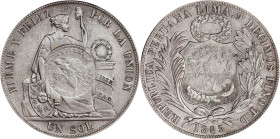 GUATEMALA. Guatemala - Peru. Peso, 1894. Guatemala City Mint. PCGS Genuine--Cleaned, AU Details. Countermark: AU Details.

KM-224. Bifacial counterm...