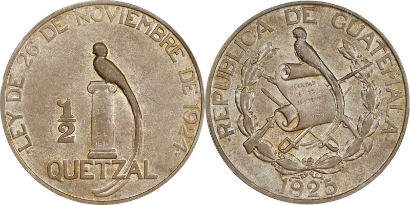 GUATEMALA. 1/2 Quetzal, 1925. Philadelphia Mint. PCGS AU-53.

KM-241.1. Variet...