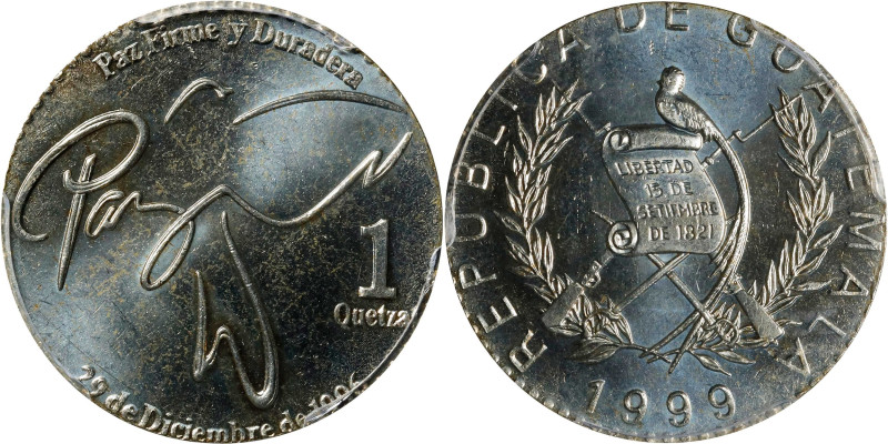 GUATEMALA. Mint Error -- Struck on Copper-Nickel-Zinc Planchet -- Quetzal, 1999....