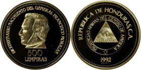 HONDURAS. 500 Lempiras, 1992. Canadian (Sherritt) Mint. CHOICE PROOF.

Fr-8; KM-87. Mintage: 1,500. AGW: 0.3617 oz. Bicentenary of the birth of Gene...