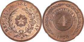 PARAGUAY. 4 Centesimos, 1870-SHAW. Birmingham Mint. NGC MS-65 Red Brown.

KM-4.1. Immensely quality for the type, this unusual minor issue possesses...