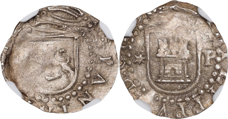PERU. Cob 1/4 Real, ND (1577-88)-★ P. Lima Mint. Philip II. NGC AU Details--Sea ...