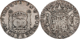 PERU. 8 Reales, 1762-LM JM. Lima Mint. Charles III. PCGS Genuine--Scratch, VF Details.

KM-A64.1; Cal-1021 (Previous Cal-837). Variety with dots ove...
