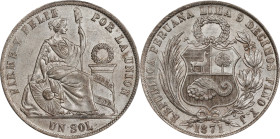PERU. Sol, 1871-YJ. Lima Mint. PCGS MS-62.

KM-196.3. Fairly argent and radiant, this crown presents some subtle tinges of goldenrod around some of ...