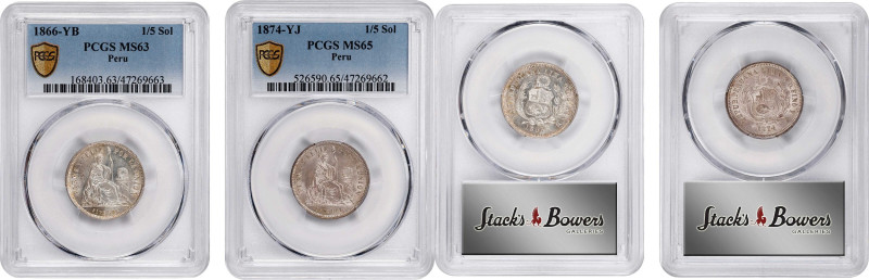 PERU. Duo of 1/5 Sol (2 Pieces), 1866 & 1874. Lima Mint. Both PCGS Certified.
...