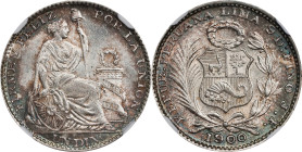 PERU. Dinero, 1900/890-JF. Lima Mint. NGC MS-66.

KM-204.2. Overdate variety. Standing at the top of the NGC population report with just a small han...