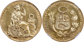 PERU. 20 Soles, 1951-LIMA. Lima Mint. NGC MS-67.

Fr-80; KM-229. AGW: 0.2709 oz. A beautiful Superb-Gem example, delivering intense eye appeal and m...