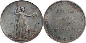 PERU. Constitution Proclamation Silver Medal, 1839. PCGS AU-58.

Fonrobert-9062. Diameter: 42 mm. By A. Davalos. Obverse: Liberty standing, holding ...