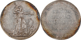 PERU. Constitution Proclamation Silver Medal, 1839. NGC AU-55.

Fonrobert-9062. Diameter: 42 mm. Weight: 38.7 gm. By A. Davalos. Obverse: Liberty st...