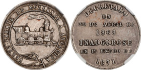 PERU. Inauguration of the Mollendo-Arequipa Railway Silver Medal, 1871. NGC AU-53.

Diameter: 23 mm. By C.E.R. Obverse: Locomotive right with legend...