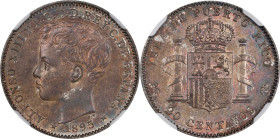 PUERTO RICO. 20 Centavos, 1895-PGV. Manila Mint. Alfonso XIII. NGC AU-58.

KM-22; Cal-126. Deeply toned and with a delightful pullaway nature around...