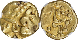 GAUL. Ambiani. AV Stater (6.44 gms), ca. 2nd to 1st Centuries B.C. NGC Ch F, Strike: 3/5 Surface: 2/5. Marks. Edge Marks.

D&T-158. Obverse: Stylize...