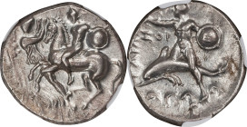 ITALY. Calabria. Tarentum. AR Didrachm (Nomos) (7.94 gms), ca. 280 B.C. NGC AU, Strike: 4/5 Surface: 4/5.

HGC-1, 814; HN Italy-963; Vlasto-679-82. ...