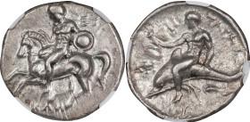 ITALY. Calabria. Tarentum. AR Didrachm (Nomos) (7.82 gms), ca. 280 B.C. NGC Ch AU, Strike: 4/5 Surface: 4/5.

HGC-1, 817; HN Italy-969; Vlasto-703. ...