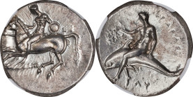 ITALY. Calabria. Tarentum. AR Didrachm (Nomos) (7.90 gms), ca. 302-280 B.C. NGC MS, Strike: 4/5 Surface: 4/5.

HGC-1, 815; HN Italy-965; Vlasto-687-...