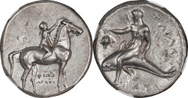 ITALY. Calabria. Tarentum. AR Didrachm (Nomos) (7.87 gms), ca. 280 B.C. NGC AU, Strike: 4/5 Surface: 4/5.

HGC-1, 813; Vlasto-673; HN Italy-960. Obv...