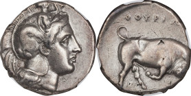 ITALY. Lucania. Thourioi. AR Distater (Double Nomos) (15.54 gms), ca. 400-350 B.C. NGC VF, Strike: 4/5 Surface: 3/5. Fine Style.

HGC-1, 1255. Obver...