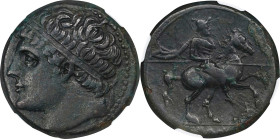 SICILY. Syracuse. Hieron II, 275-215 B.C. AE 26mm, ca. 230-218/5 B.C. NGC Ch VF.

HGC-2, 1548. Obverse: Diademed head left; Reverse: Warrior, holdin...