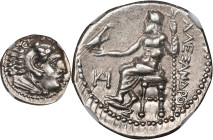 MACEDON. Kingdom of Macedon. Alexander III (the Great), 336-323 B.C. AR Drachm (4.28 gms), Miletos Mint, ca. 325-323 B.C. NGC AU, Strike: 5/5 Surface:...