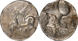 CORINTHIA. Corinth. AR Stater (8.54 gms), ca. 345-307 B.C. NGC AU, Strike: 3/5 Surface: 5/5.

HGC-4, 1848; Pegasi-458. Obverse: Pegasos flying left;...