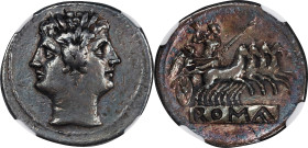 ROMAN REPUBLIC. Anonymous. AR Quadrigatus (6.62 gms), Uncertain Mint, ca. 225-214 B.C. NGC VF, Strike: 5/5 Surface: 3/5.

Cr-28/3; Syd-64A. Obverse:...