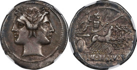 ROMAN REPUBLIC. Anonymous. AR Quadrigatus (6.58 gms), Uncertain Mint, ca. 225-214 B.C. NGC Ch VF, Strike: 5/5 Surface: 3/5.

Cr-28/3; Syd-64A. Obver...