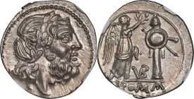 ROMAN REPUBLIC. Anonymous. AR Victoriatus (3.17 gms), Uncertain Mint, 211-208 B.C. NGC MS★.

Cr-95/1A; Syd-113. Obverse: Laureate head of Jupiter ri...