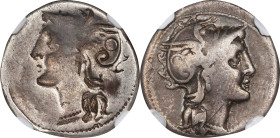 ROMAN REPUBLIC. C. Claudius Pulcher. AR Denarius Brockage, Rome Mint, 110-109 B.C. NGC Ch F. Scratches.

Cr-300/1; Syd-569. Obverse: Helmeted head o...