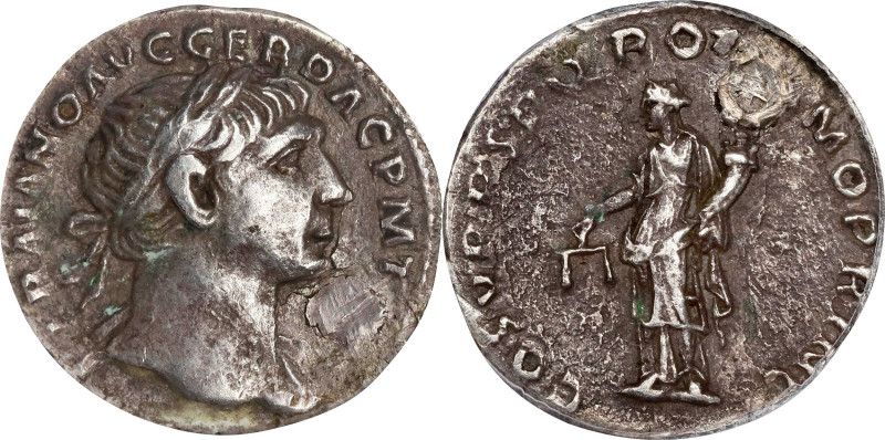 TRAJAN, A.D. 98-117. AR Denarius, Rome Mint, ca. A.D. 108-109. ANACS VF-35 Plugg...