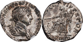 TRAJAN, A.D. 98-117. AR Denarius, Rome Mint, A.D. 116-117. NGC AU.

RIC-315; RSC-150A. Obverse: Laureate and draped bust right; Reverse: Fortuna sea...