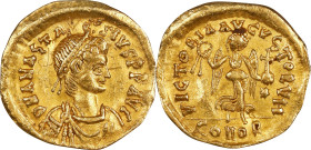 ANASTASIUS I, 491-518. AV Tremissis (1.35 gms), Constantinople Mint, 492-518. NGC EF, Strike: 5/5 Surface: 2/5. Clipped, Graffiti, Wrinkled.

S-8. O...