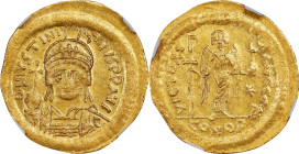 JUSTINIAN I, 527-565. AV Solidus (4.47 gms), Constantinople Mint, 1st Officina, 545-565. NGC AU, Strike: 3/5 Surface: 3/5. Clipped, Slight Bend.

S-...