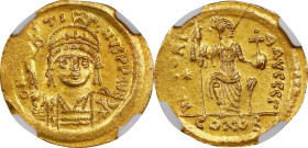 JUSTIN II, 565-578. AV Solidus (4.45 gms), Constantinople Mint, 3rd Officina, 565-567. NGC Ch AU, Strike: 4/5 Surface: 2/5. Edge Marks, Scratched, Wav...