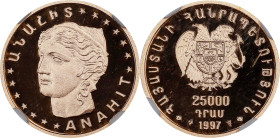 ARMENIA. 25000 Dram, 1997. Utrecht Mint. NGC PROOF-69 Ultra Cameo.

Fr-4; KM-75.1. Reeded edge. AGW: 0.1244 oz. Featuring the bust of the Goddess An...