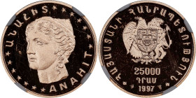 ARMENIA. 25000 Dram, 1997. Utrecht Mint. NGC PROOF-65 Ultra Cameo.

Fr-4; KM-75.1. Reeded edge. AGW: 0.1244 oz. Featuring the bust of the Goddess An...