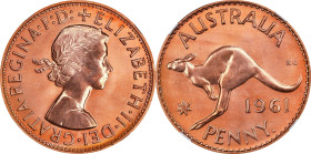 AUSTRALIA. Penny, 1961. Perth Mint. Elizabeth II. NGC PROOF-66 Red.

KM-56. Mintage: 1,040. Surpassed in the NGC census by just three examples, this...