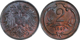 AUSTRIA. 2 Heller, 1897. Vienna Mint. Franz Joseph. PCGS MS-66 Brown.

KM-2801. Conditionally quite SCARCE for the issue and nearing Red Brown in ap...