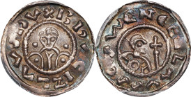 BOHEMIA. Denar, ND (1037-55). Prague Mint. Bretislav I. PCGS MS-63.

Frynas-B.8.14; Cach-322. Obverse: Facing bust of Bretislav; Reverse: Bust of St...