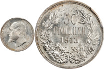 BULGARIA. 50 Stotinki, 1913. Kremnica Mint. Ferdinand I. PCGS MS-64+.

KM-30. Presenting enchanting surface quality, robust brilliance, and a subtle...