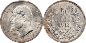 BULGARIA. 50 Stotinki, 1913. Kremnica Mint. Ferdinand I. PCGS MS-64+.

KM-30. Featuring some subtle frosting upon the tsar's portrait, this robust e...