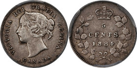 CANADA. 5 Cents, 1884. London Mint. Victoria. PCGS VF-30.

KM-2. Variety with near & pointed "4". Evenly handled from a great deal of time spent in ...