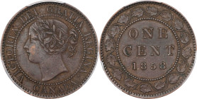 CANADA. Cent, 1858. London Mint. Victoria. PCGS AU-50.

KM-1. Variety with medal alignment and broken vine. Emanating from a two-year type for this ...
