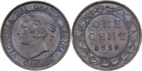CANADA. Cent, 1859. London Mint. Victoria. PCGS MS-63 Brown.

KM-1. Narrow "9" variety. Sporting an alluring deep brown hue that yields some hints o...