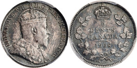 CANADA. 5 Cents, 1908. Ottawa Mint. Edward VII. PCGS MS-63.

KM-13. Large 8 variety. Frist year of issue from the new Royal Mint in Ottawa, this att...