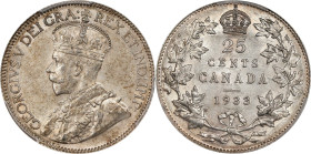 CANADA. 25 Cents, 1933. Ottawa Mint. George V. PCGS AU-58.

KM-24A. On the cusp of Mint State status, this lightly toned example yields hues of russ...